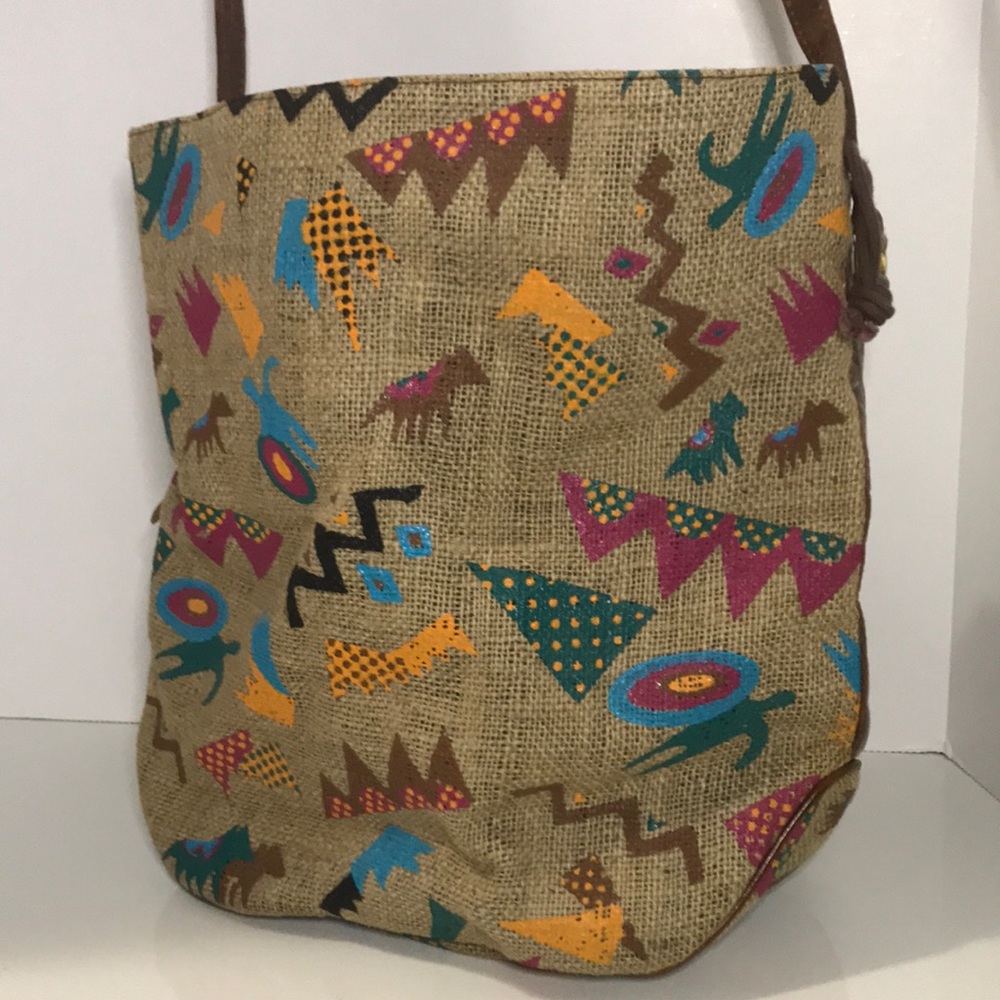 Vintage Burlap Marco Avane Crossbody Bag with hand painted graphics NWOT